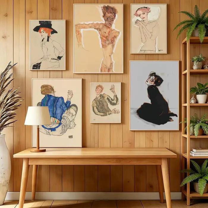 E-Egon Schiele Art Classic Painting Poster HD autocollants muraux auto-adhésifs pour chambre à coucher