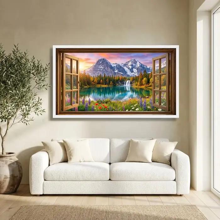 Vue sur le lac de montagne depuis une fenêtre ouverte, toile, art mural, cascade et fleurs sauvages, toile de paysage naturel pittoresque