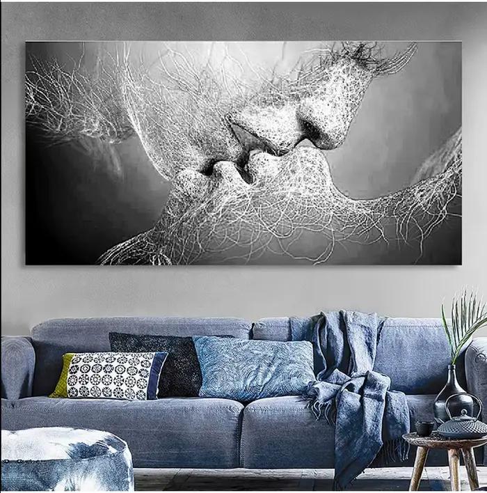Peinture sur toile abstraite avec baiser d'amour noir