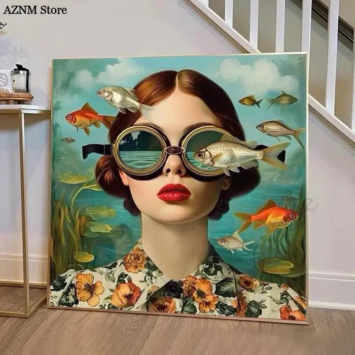 Lunettes femme avec fleurs nordique Boho mur Art toile peinture papillon avec fille Portrait affiche pour salon décor à la maison