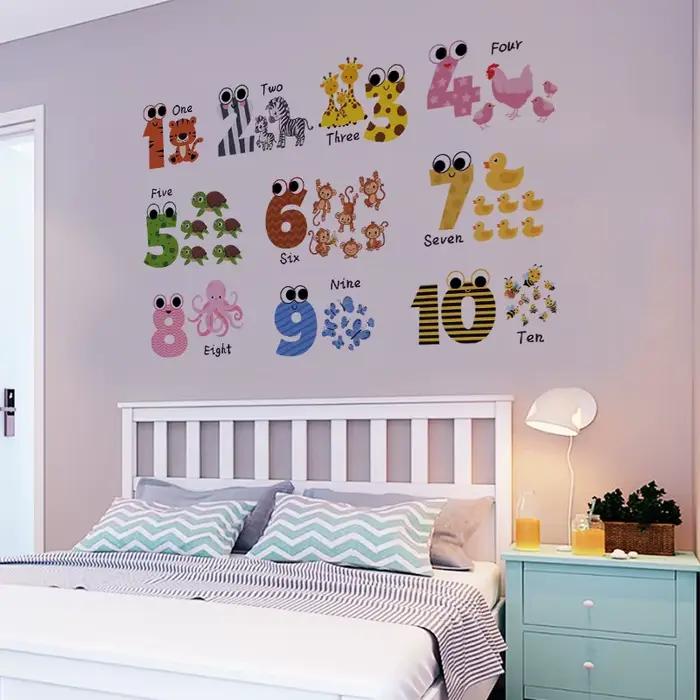Autocollant mural de numéro d'animal de bande dessinée pour la chambre à coucher