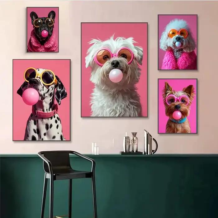 Animaux imprimés drôles chien coloré Bubblegum lunettes de soleil affiche Samoyède bouledogue français toile peinture mur Art photo décor à la maison