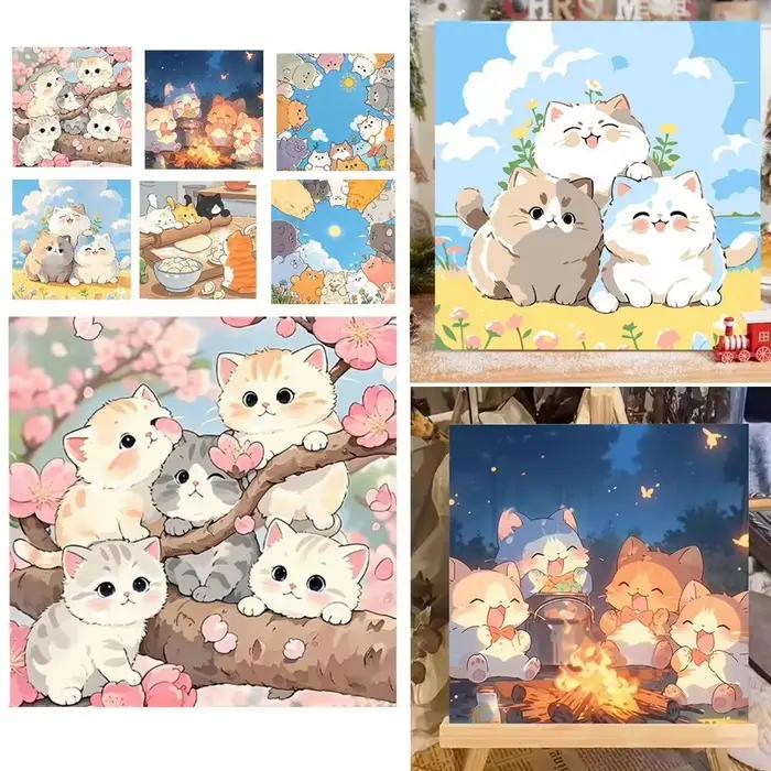 Kits de peinture par numéros colorés : Chats au salon – Peinture à l'huile numérique DIY pour animaux, décoration murale à colorier à la main pour la maison