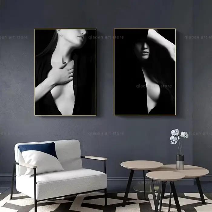 Affiches et imprimés de mode en noir et blanc, belle femme Sexy, peinture sur toile, tableau d'art mural pour décoration de salon et de maison