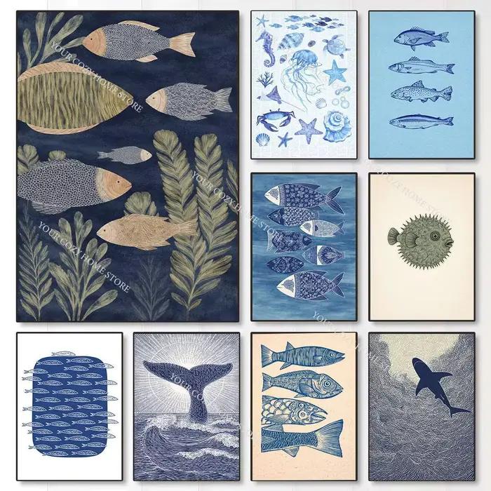 Affiche d'art minimaliste nautique avec poissons et vagues