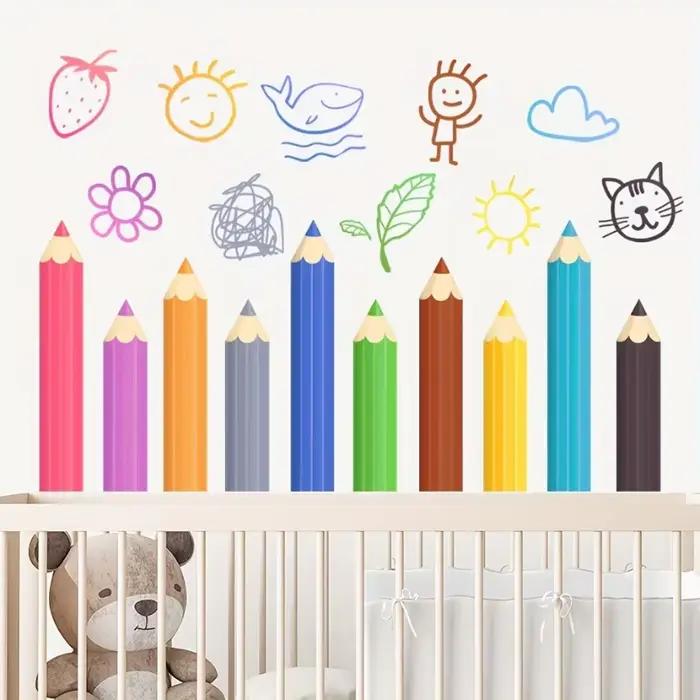 Autocollants muraux amusants en forme de crayons avec des motifs dessinés à la main