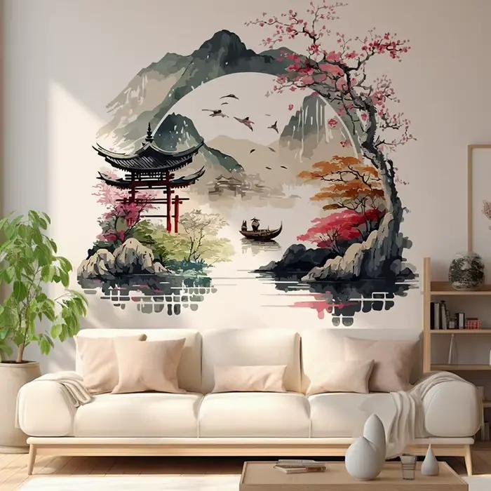 🎊 Autocollant mural Paysage Oiseaux Montagne Rivière pour Fond de Mur