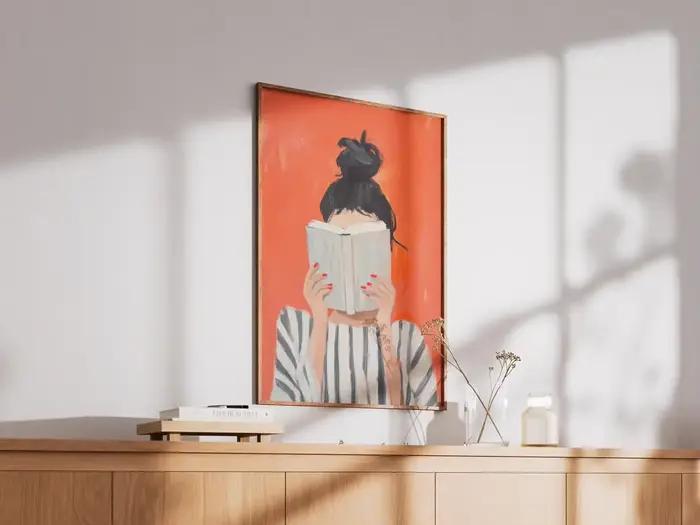Impression d'art de femme lisant sans cadre | affiche de livre | art mural féminin et confortable