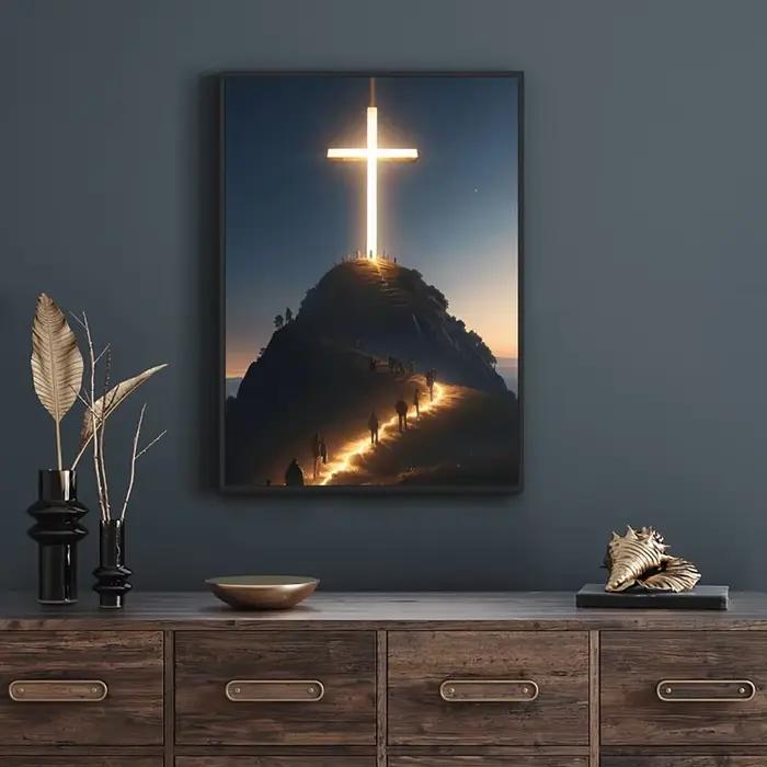Toile d'art mural avec croix chrétienne moderne sur le dessus de la montagne