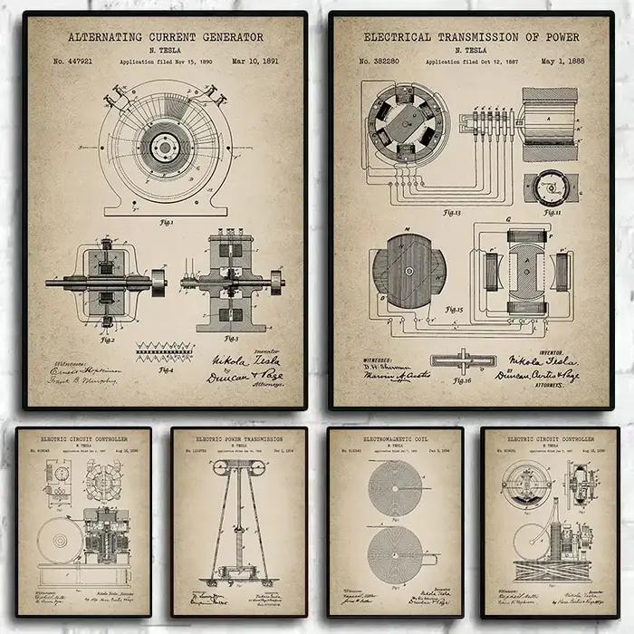 Affiches de brevet électrique Tesla Vintage, imprimés sur toile, peinture murale, image d'art pour bureau, décoration de maison, cadeau d'ingénieur électrique