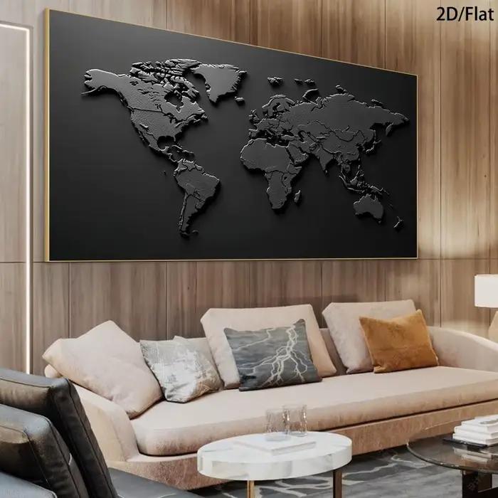 1 Murale abstraite moderne en relief de la carte du monde - Affiche sur toile imprimée noir et blanc pour la décoration