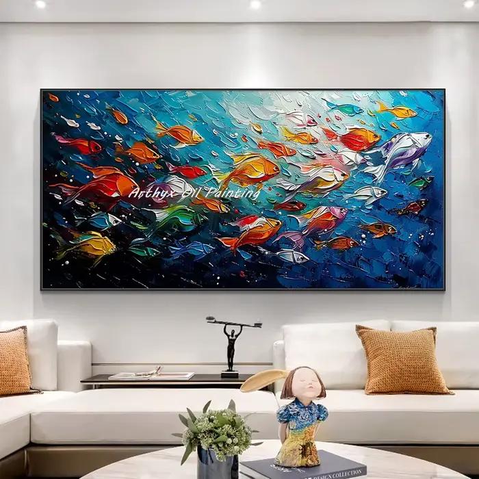 Arthyx, peinture à l'huile sur toile d'école de poissons d'art texturé d'océan bleu