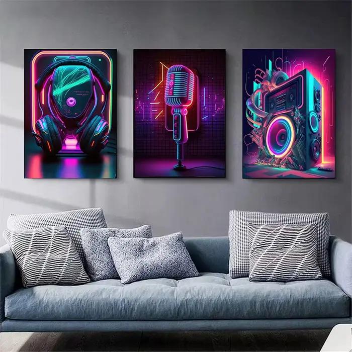 Affiche Pop Néon Punk Années 80 Musique Live DJ Guitare Karaoké Casque Peinture sur Toile Décoration Murale pour la Maison