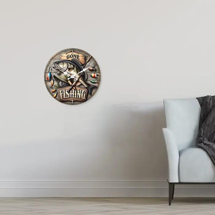 Modèle d'équipement de pêche personnalisé Horloge murale en bois Salon Chambre Cuisine Décoration de la maison