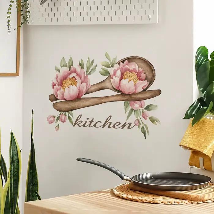 Autocollant mural créatif en forme de cuillère en bois et de fleurs
