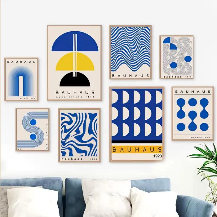 Toile de peintures Bauhaus bleues modernes du milieu du siècle