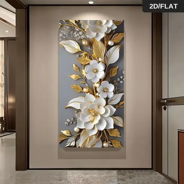 1 peinture sur toile moderne et luxueuse avec des fleurs dorées et blanches
