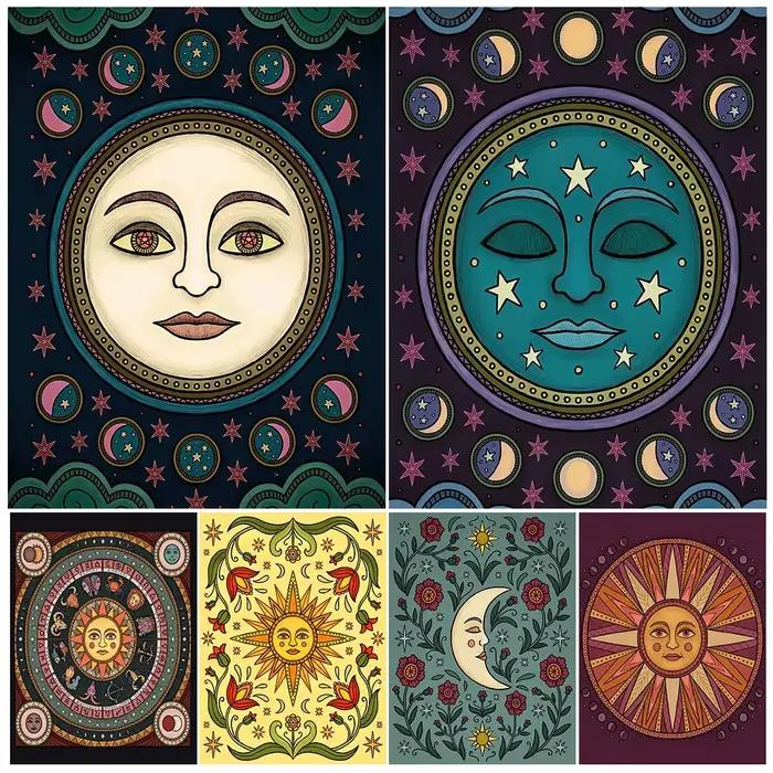 Peinture sur toile d'art mural abstrait, soleil et lune, affiche et impression d'art de voyage, illustration folklorique de phase de lune, décor à la maison, sans cadre