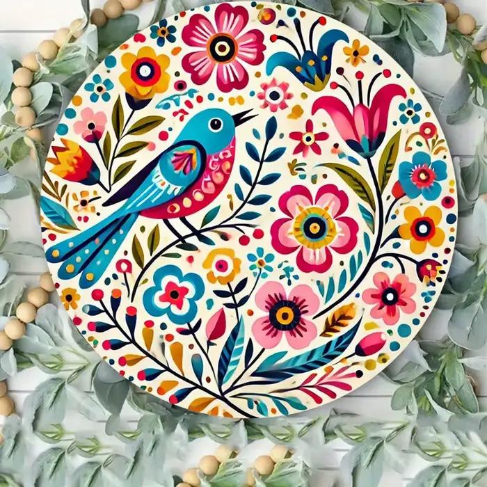 Art mural rond oiseau et fleur coloré 2D | Impression en aluminium