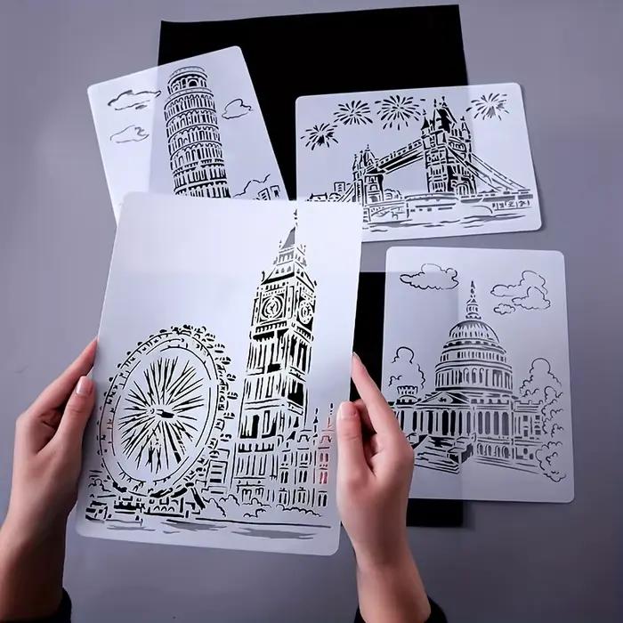 A4 bricolage peinture mur pochoir aérographe dessin copie modèles londres pont Big Ben château Burj Al arabe cinq tours maison blanche
