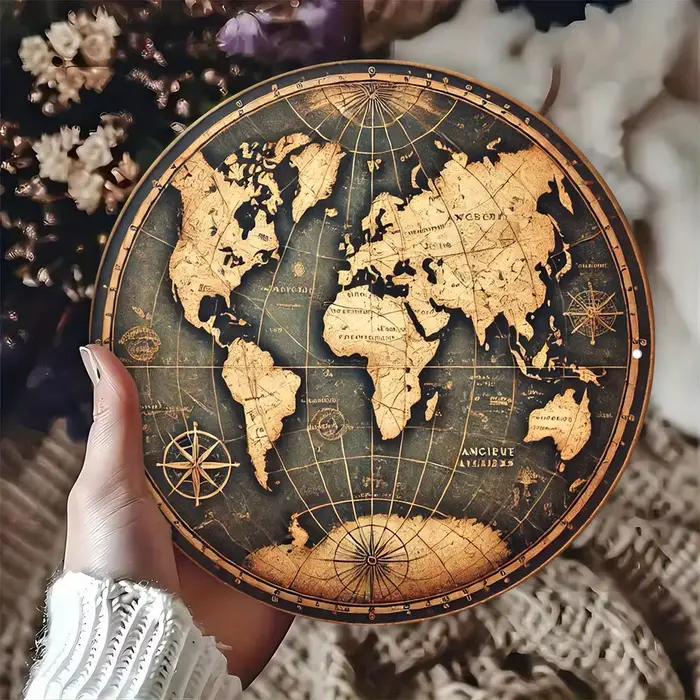 Décoration murale rétro - Tableau décoratif rond en bois avec motif de carte du monde en relief