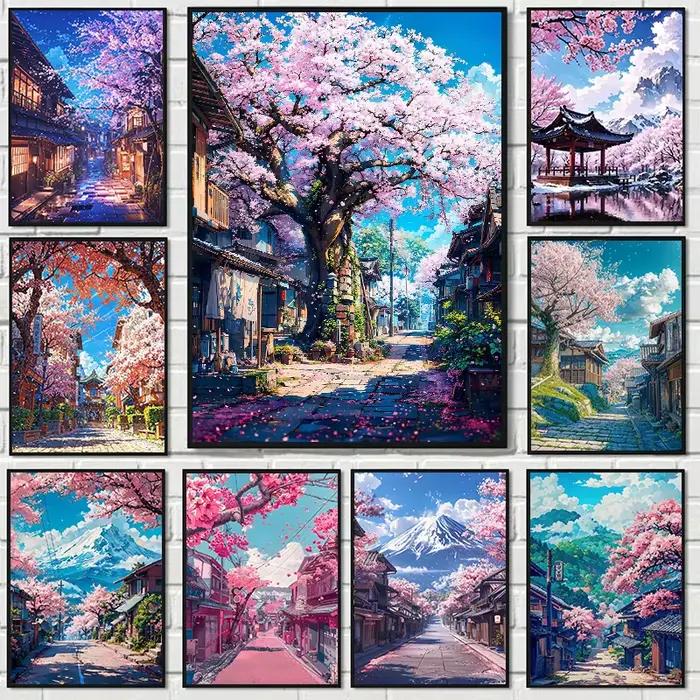 Affiche de Village de fleurs de cerisier japonais