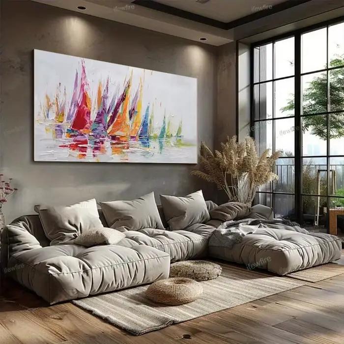 1 toile sans cadre, peinture abstraite de voiliers sur toile