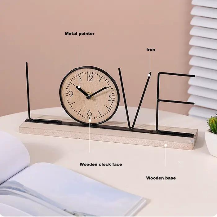 1Pc étagère de bureau horloge bois fer Art à piles moderne décoratif lettre Table horloge ornement pour salon salle à manger