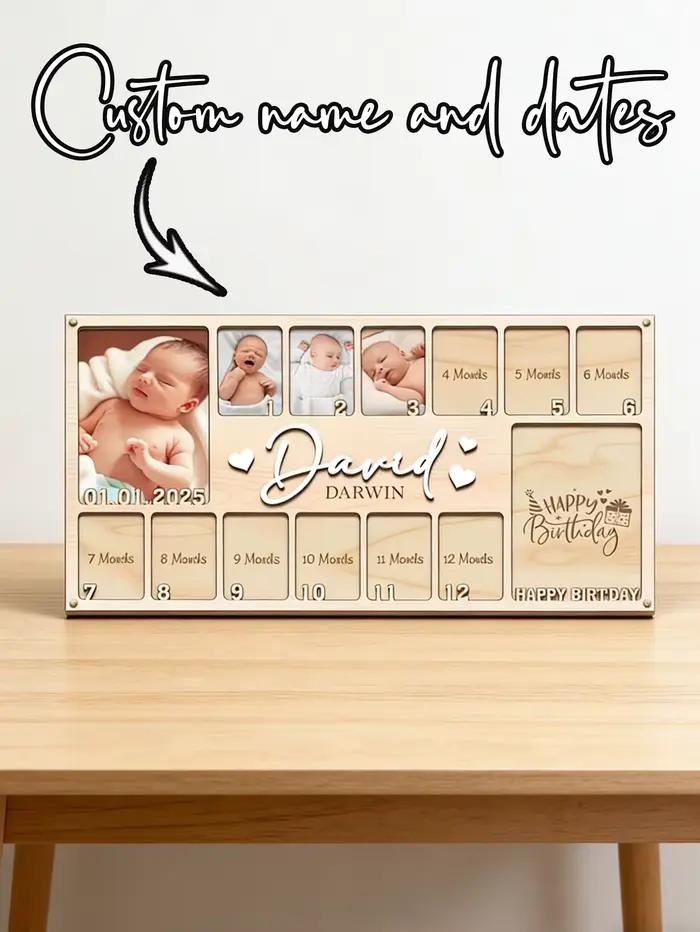 Cadre photo en bois personnalisé pour bébé, avec nom et date, plaque de photos mensuelle pour les étapes importantes, souvenir de la maternité pour nouveau-né