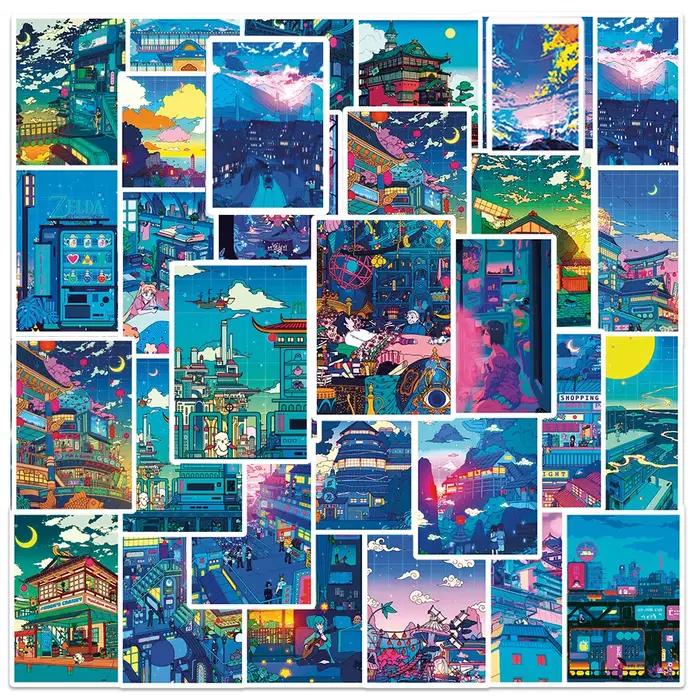 10/30/50pcs mignon Art rue vue nocturne dessin animé autocollants esthétique Ins décalcomanies Scrapbook téléphone ordinateur portable bagages autocollant mural enfant jouet