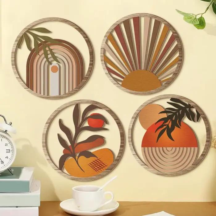 4 Pièces Décoration Murale Ronde en Bois Style Bohème