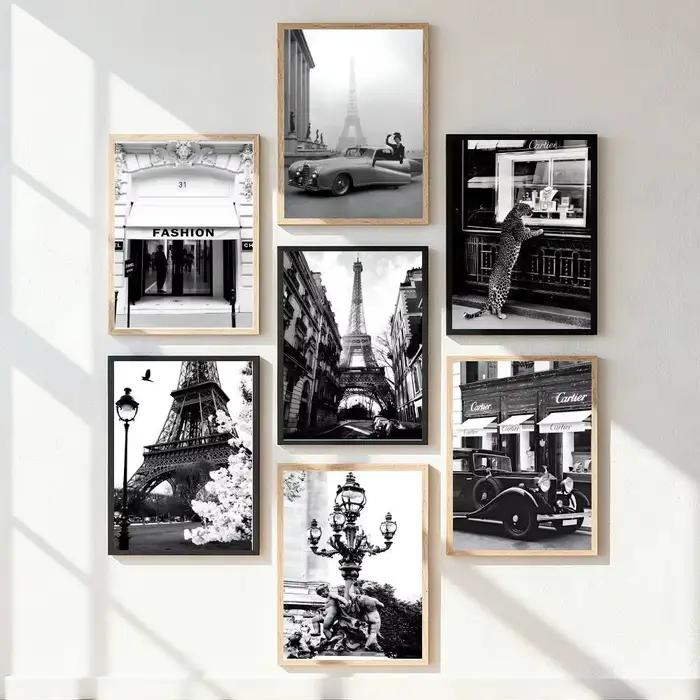 Affiche d'art de style anime, noir et blanc, à la mode, sur l'architecture rétro de Paris, la tour Eiffel, décoration de maison, décoration de chambre parfaite