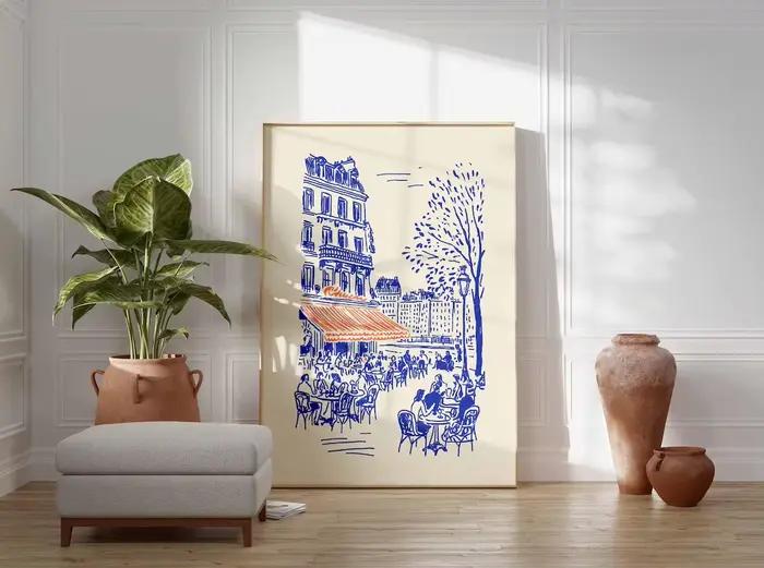 Affiche d'art linéaire sur le thème des cafés de Paris