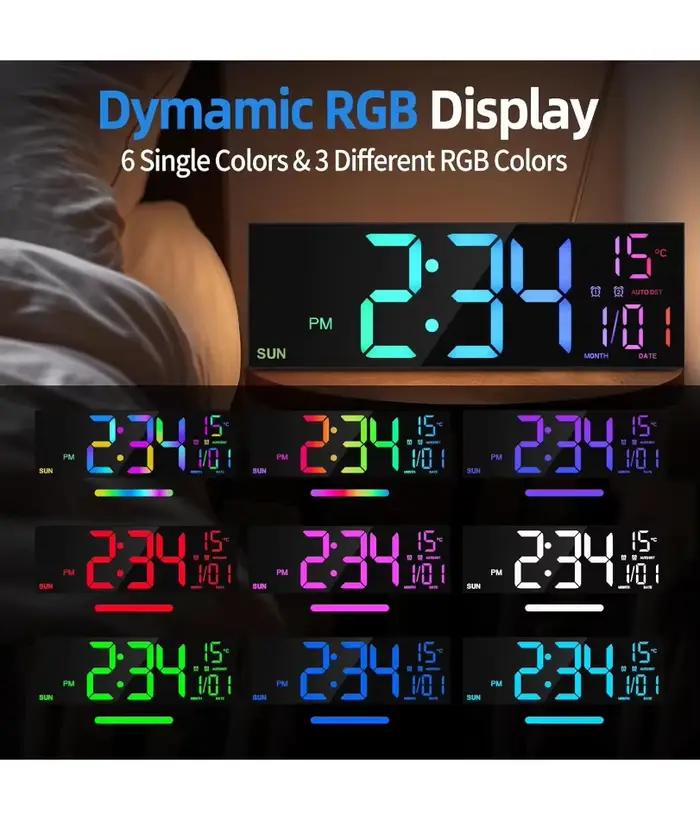 Grande horloge murale numérique 16.2 pouces, avec télécommande, grand LED/double alarme/8 couleurs rvb, réveil numérique, montre électronique