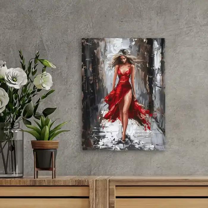Peinture sur toile de femme élégante en robe rouge