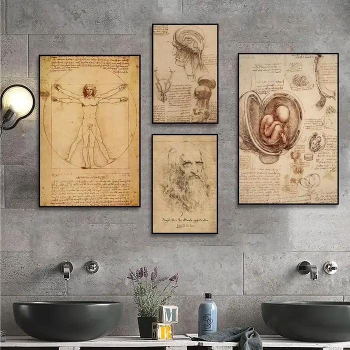 Leonardo Da Vinci manuscrit homme de Vitruve affiches Vintage rétro chambre Bar café