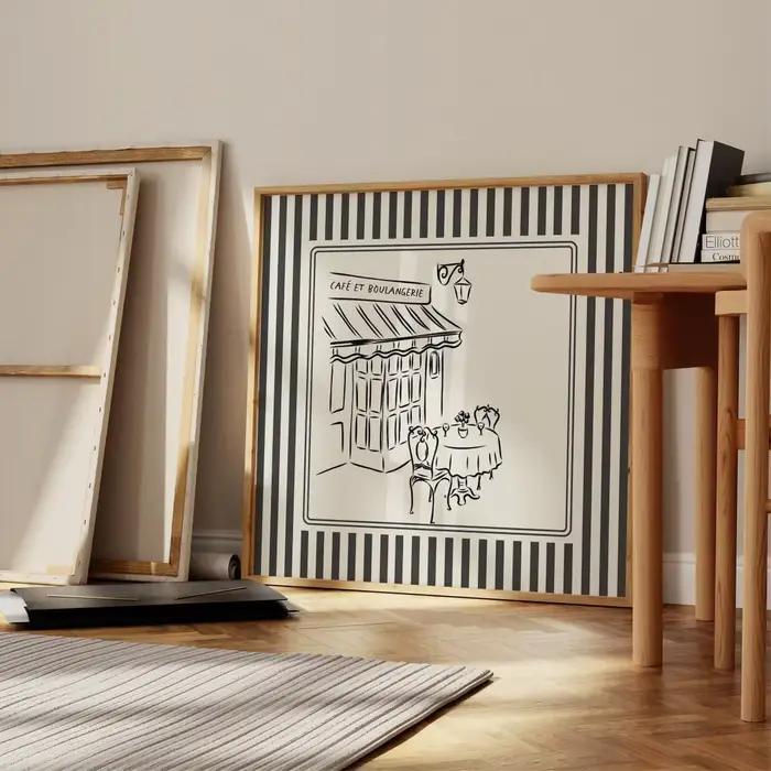 Impression de café français à rayures noires et blanches, illustration minimaliste, téléchargements numériques, impression artistique, idée cadeau, esthétique
