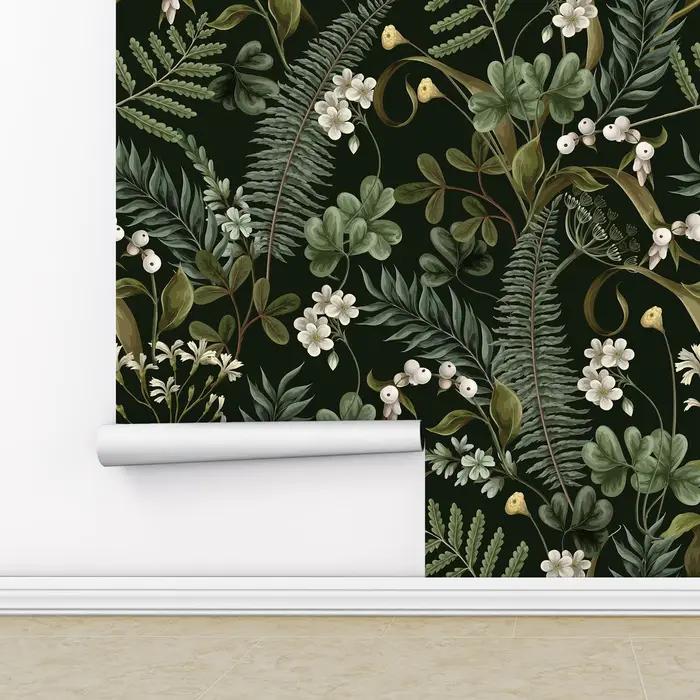 Papier peint botanique de fougère, papier peint botanique foncé pour la décoration intérieure, papier peint vintage à décoller et à coller, auto-adhésif ou traditionnel