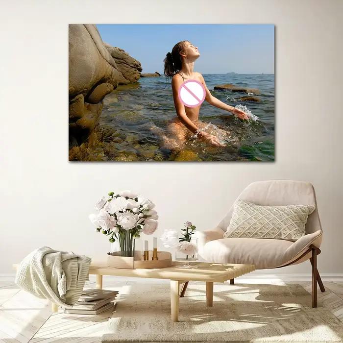 Une fille joue dans l'eau, photo murale, peinture sur toile, affiches et impressions pour décoration de chambre, articles de décoration pour la maison, illustration