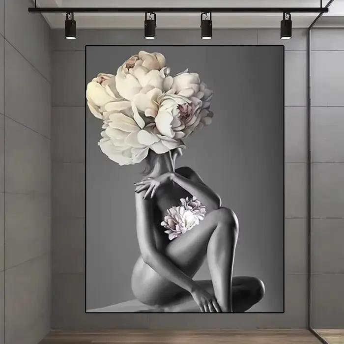 Toile de peinture murale pour femmes et fleurs, impression abstraite de la fille avec des fleurs sur sa tête, surréalisme, imaginez l'affiche, décor de salle