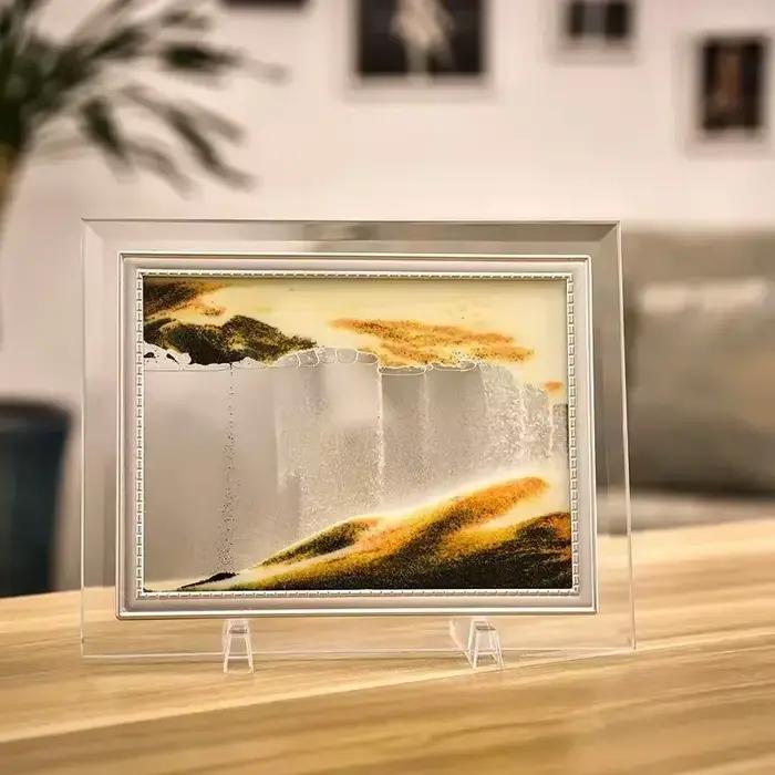 Tableau d'art dynamique en verre rond avec sable marin profond