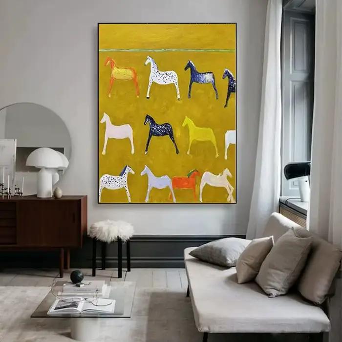 Peinture sur toile sans cadre, cheval jaune, art mural abstrait, peinture minimaliste moderne et colorée pour salon, 1 pièce