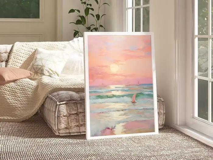 Affiche encadrée imprimée Coucher de soleil pastel rose poudré