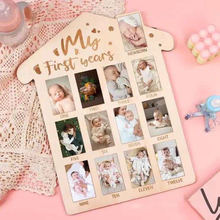 Cadre photo souvenir pour bébé My First Years, en forme de maison en bois, pour la croissance des nouveau-nés de 1 à 12 mois, nouveau cadeau de naissance