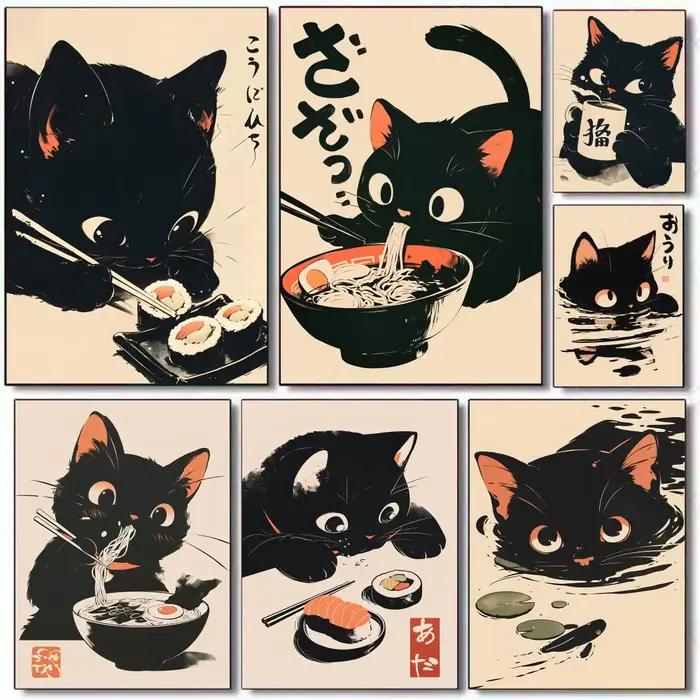 Affiche rétro de chat noir mignon