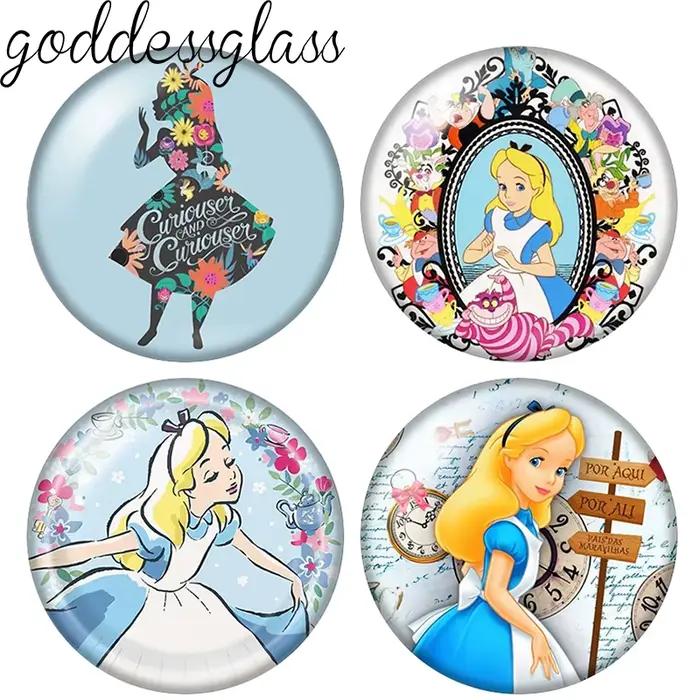 Cabochon en verre photo Alice au pays des merveilles, horloge miroir, lapin, chat, 12mm/18mm/20mm, dos plat, pour la création de bijoux et de porte-clés