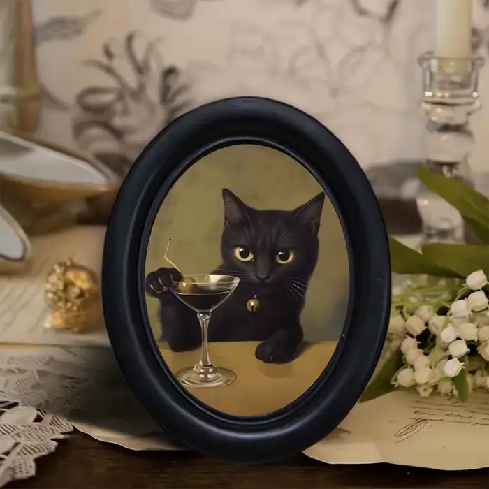 1 décoration murale vintage représentant un chat noir buvant un cocktail martini