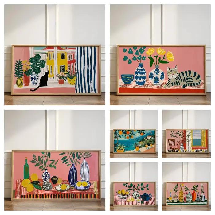 Série Matisse, toile murale abstraite avec chat noir et fleurs colorées dans un vase