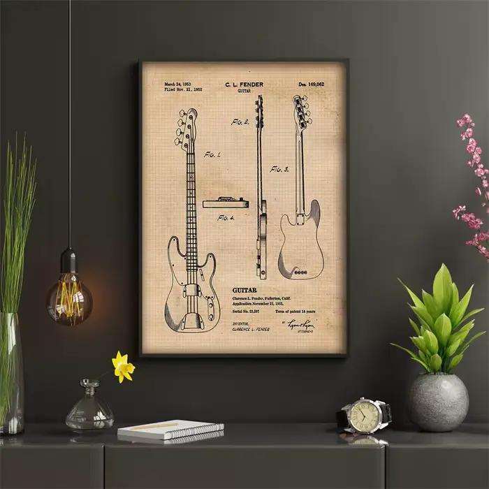 Affiche murale en toile pour guitares basses électriques Vintage, imprimés brevetés, décor artistique esthétique, étudiant, enseignant, musique, ventilateur de garde-boue Lion