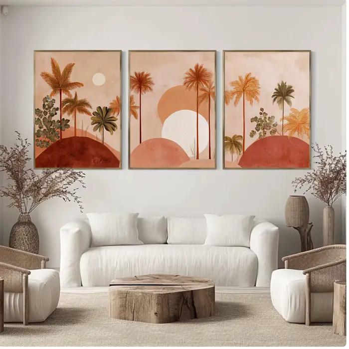 Ensemble d'art mural Boho en terre cuite avec palmiers, impressions sur toile abstraites de coucher de soleil tropical et désertique, décoration intérieure chaleureuse et terreuse, et cadeaux parfaits